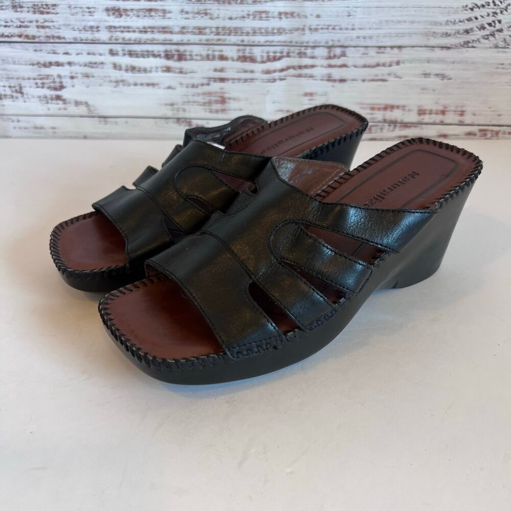 NATURALIZER MACON BLACK LEATHER WEDGE SANDALS WHIPSTICH DETAIL SIZE 7W